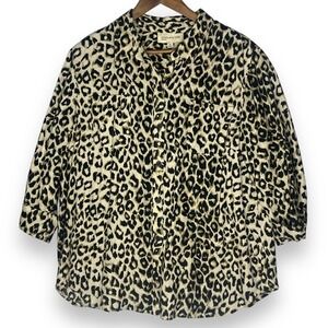Jones New York Sport 100% Linen Leopard Print Neutral Button Up‎ Shirt Top XL